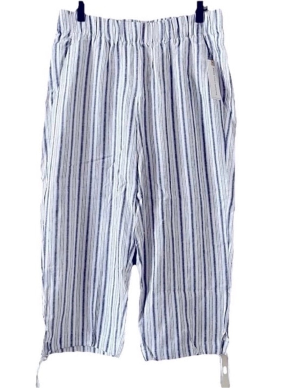 NWT Land n Sea Navy Blue Striped Linen Blend Cropped Capris Pants Size M Beachy